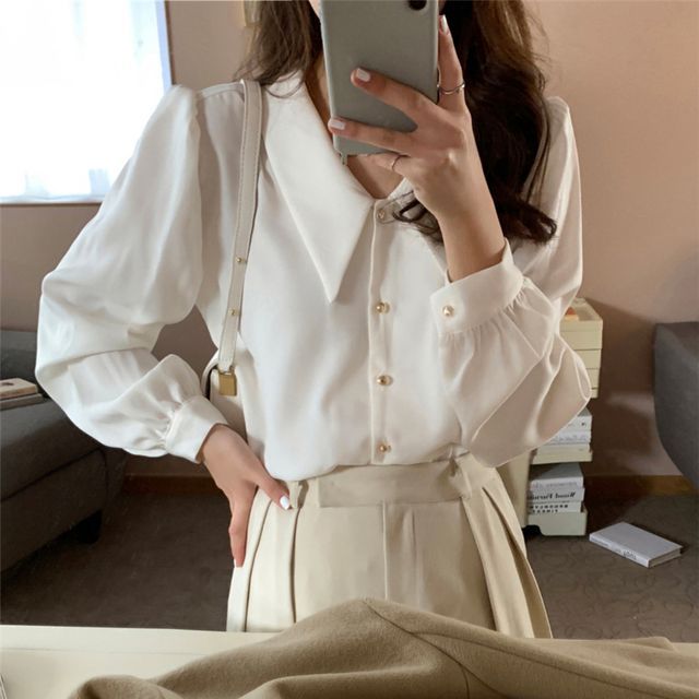 Everose-Long-Sleeve Plain Chiffon Blouse