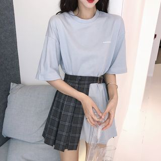 LINSI - Elbow-sleeve Lettering Long T-Shirt / Plaid Pleated Mini Skirt ...