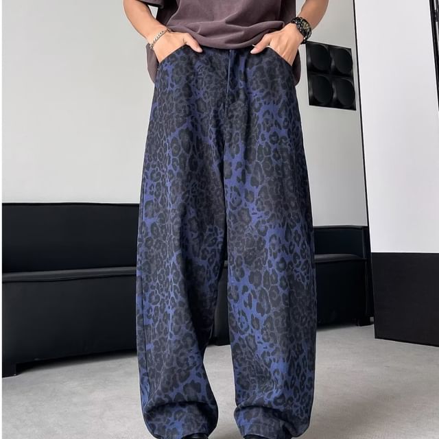 DuckleBeam-Mid Rise Leopard Print Wide Leg Jeans