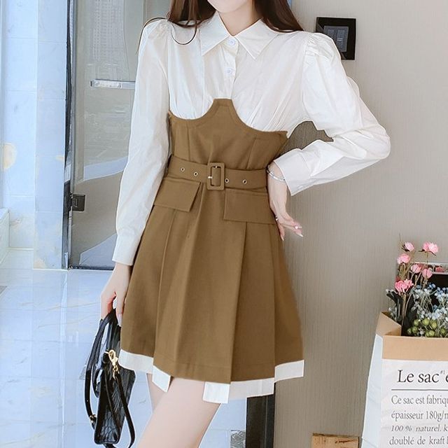 Bornite - Long-Sleeve Mock Two-Piece Pleated A-Line Mini Dress | YesStyle