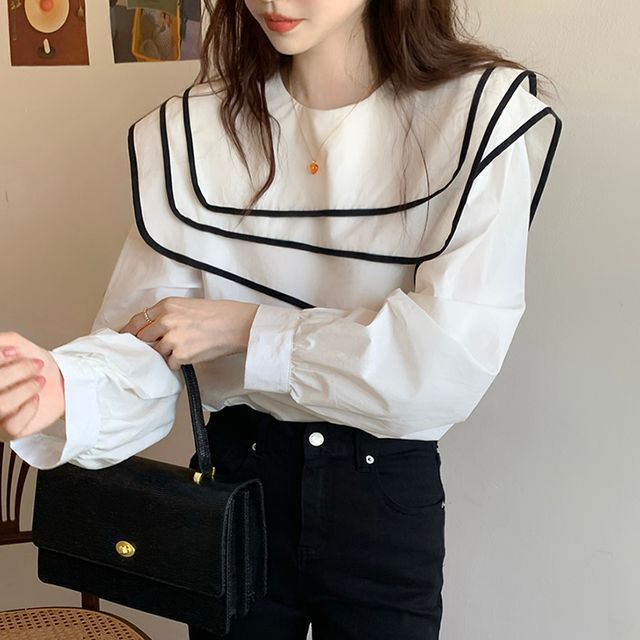 ISSOL-Contrast Trim Blouse