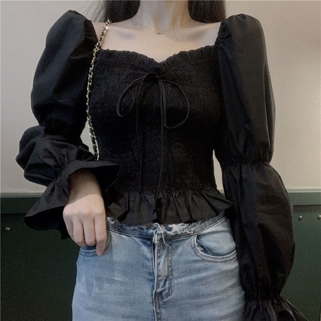 Sisyphi-Long Sleeve Square Neck Plain Ruffle Crop Top