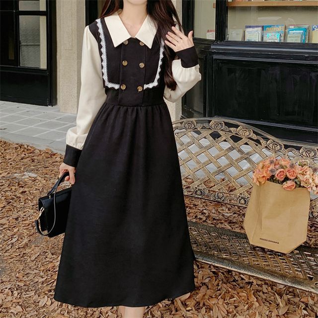 black and white peter pan collar dress Long Sleeve Fake Two Piece Little even in the torrid summer Draw attention to your beautiful plus sized figure with a cute fitted and flared party skater dress with pockets Pernille Black & Beige Check
