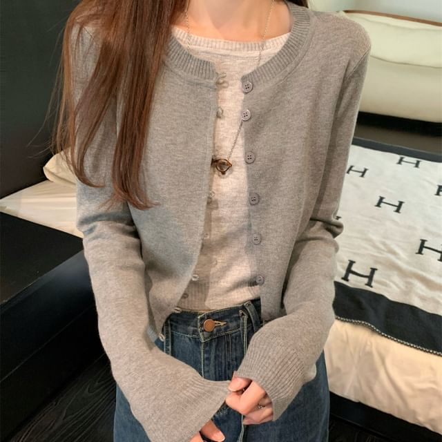 Beem-Round Neck Plain Button Up Cropped Cardigan