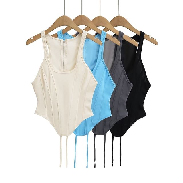 Hollahop-Scoop Neck Plain Panel Tie Back Tank Top