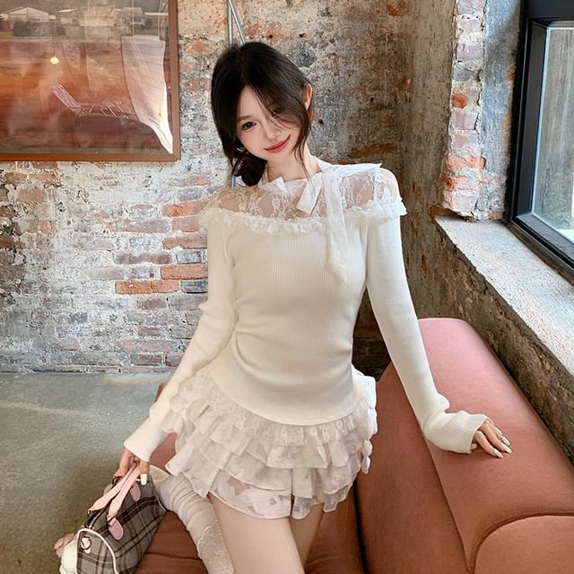 Beem-Long-Sleeve Crewneck Lace Panel Knit Top