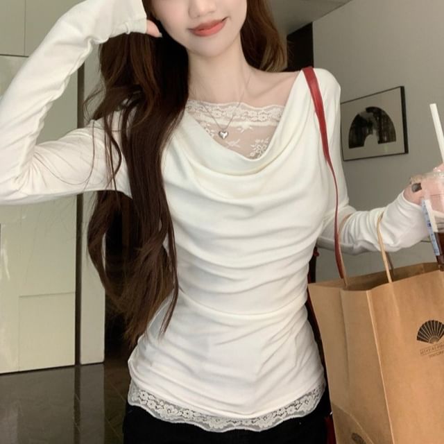 Beem-Long-Sleeve V-Neck Lace Panel Top