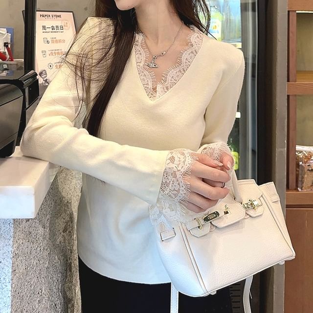Gilmort-Long Sleeve V-Neck Plain Panel Lace Knit Top