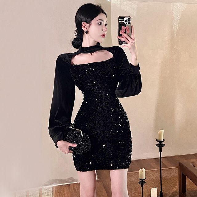 Neon Nite Long-Sleeve Mock Neck Glitter Mini Sheath Dress YesStyle