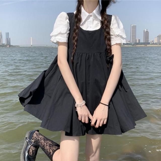 Sisyphi-Short-Sleeve Collared Plain Ruffle Trim Button Up Shirt Plain Mini A-Line Pinafore Dress Set