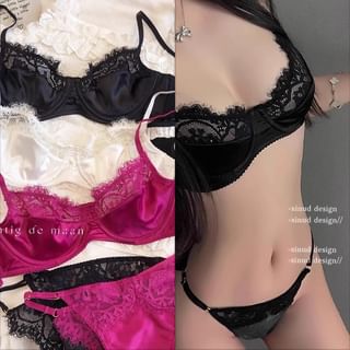 Moon City-Plain Lace Panel Satin Bra Panty Set