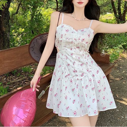 knee length dresses for ladies Womens Korean Coquette Aesthetic Cute Floral Light Pink Mini Dress – The  Kawaii Factory