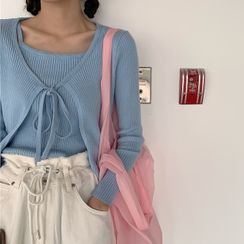 ZENME - Rib-Knit Camisole Top / Tie-Front Cardigan ZENME - Rib-Knit Camisole Top / Tie-Front Cardigan