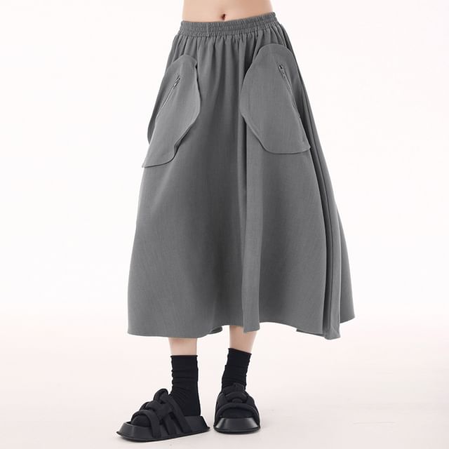 KUMI-High Waist Plain Midi A-Line Skirt
