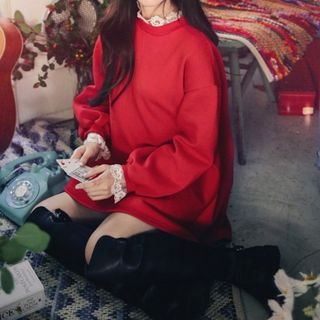 Doowex-Lantern-Sleeve Lace Panel Mini Sweater Dress