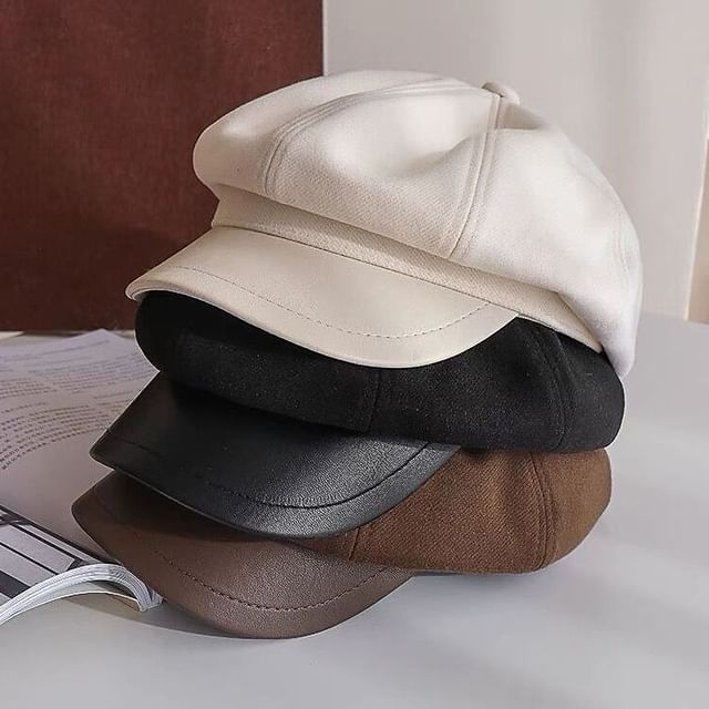 UOSU-Plain Faux Leather Newsboy Cap