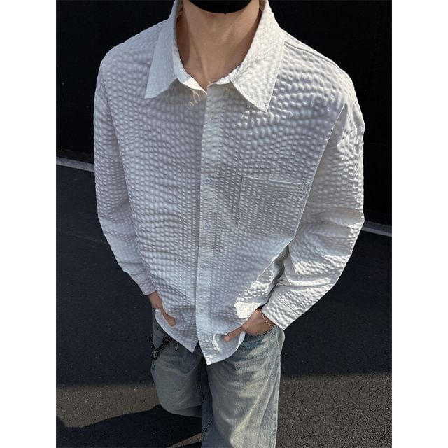 Freehop-Long Sleeve Collared Textured Button Up Shirt