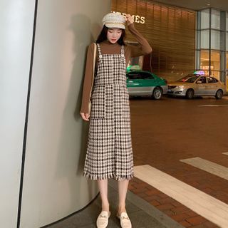 Plaid Midi Pinafore Dress | YesStyle