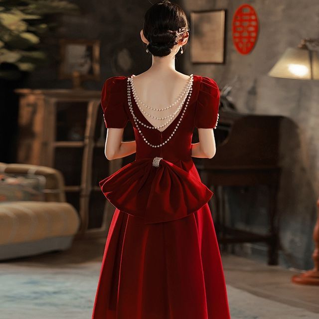 OOMEI - Short-Sleeve Square Neck Faux Pearl Velvet A-Line Evening Gown /  Midi Cocktail Dress | YesStyle