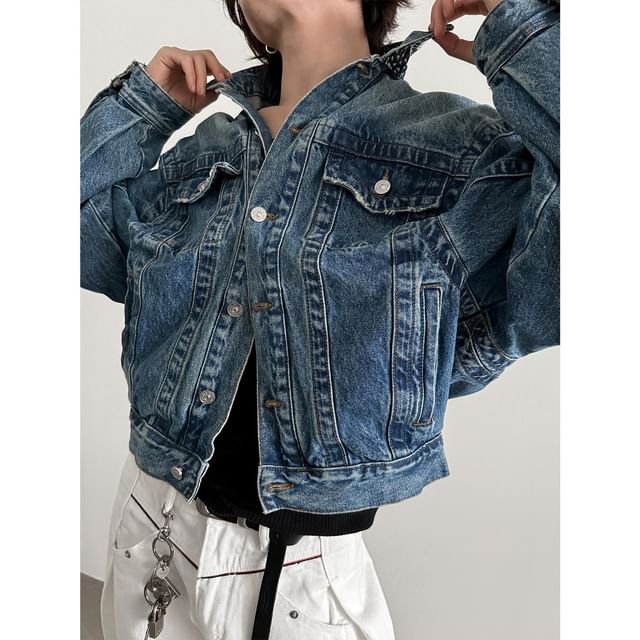 Nahagin-Collared Washed Panel Button Denim Jacket