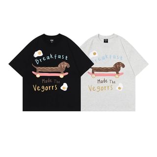 monkeira Short-Sleeve Round Neck Dog Print T-Shirt