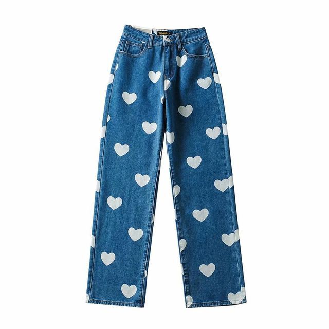 High-Waist Heart Print Wide-Leg Jeans 