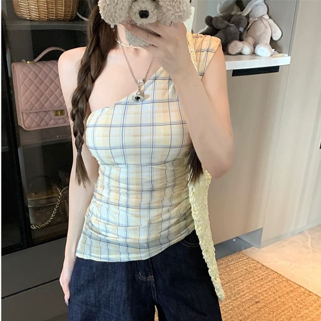 Whoosh-One-Shoulder Asymmetrical Plaid Top