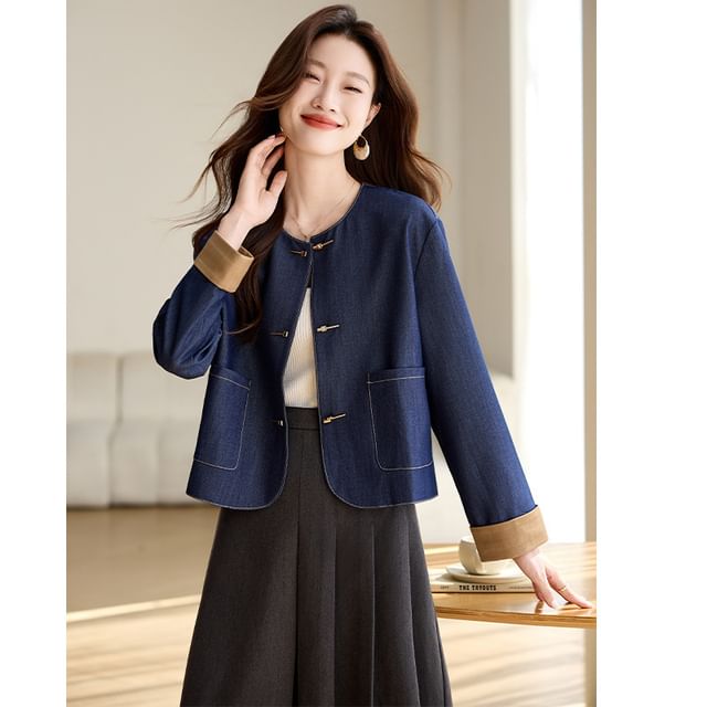 Jeonseon-Crewneck Button-Up Denim Jacket