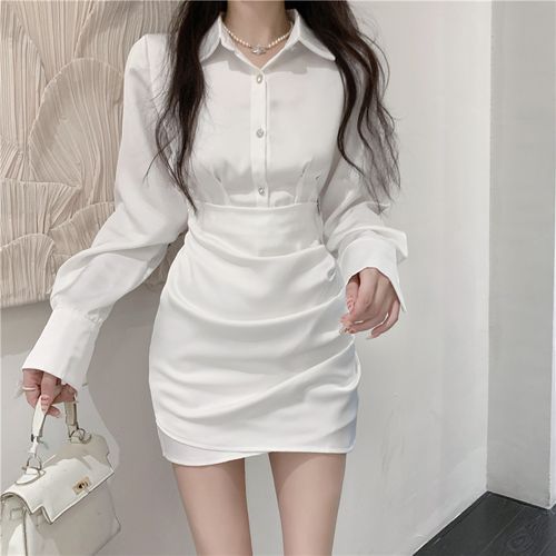 White Lace Sleeve Shirred Bodycon Dress