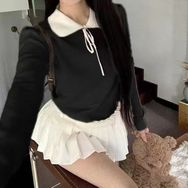 INEN-Long-Sleeve Two Tone Knit Polo Top