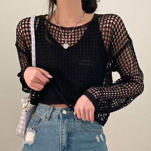 Black crochet crop long sleeve top
