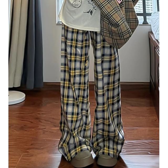 evanesce-Elastic Waist Plaid Wide Leg Pants
