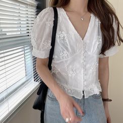 CosmoCorner - Lace V-Neck Short-Sleeve Top CosmoCorner - Lace V-Neck Short-Sleeve Top