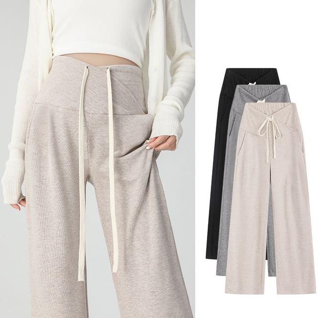 NEUF-Maternity Drawstring Waist Plain Wide Leg Pants