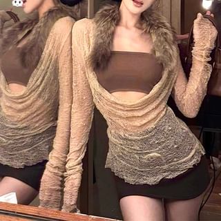 PINPI-Long Sleeve Cowl Neck Plain Lace Top