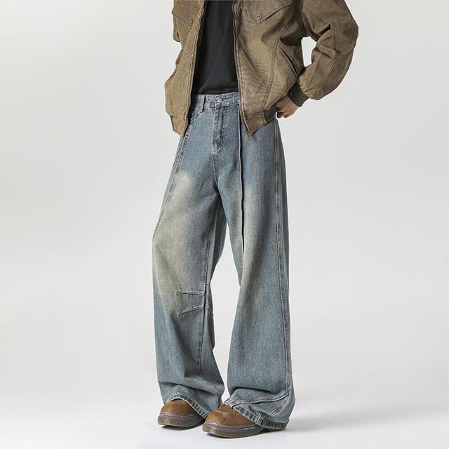 Omozando-Mid Rise Washed Wide Leg Jeans