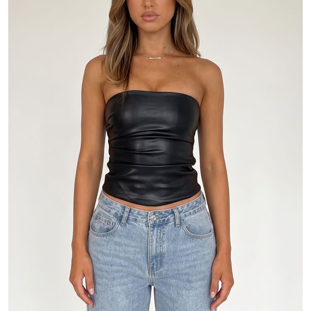 Honet-Plain Faux Leather Tube Top