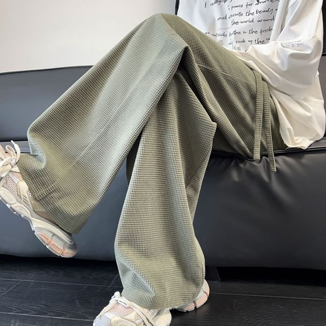 Posive-Drawstring Waist Plain Waffle Straight Leg Pants