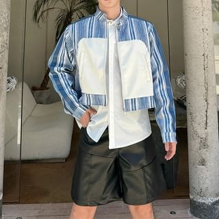 Omozando-Stand Collar Striped Faux Leather Panel Crop Zip Jacket