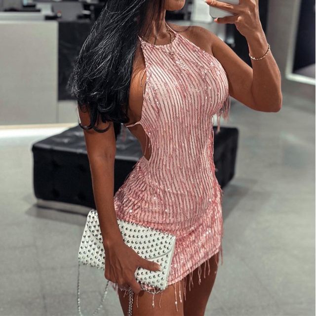 Emilyn - Halter Plain Sequin Fringe Tie Back Mini Sheath Dress | YesStyle
