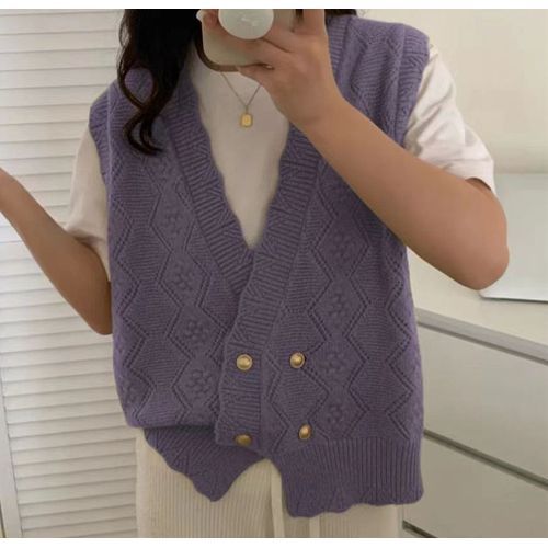 V-Neck Wrap Double-Breasted Pointelle Knit Sweater Vest