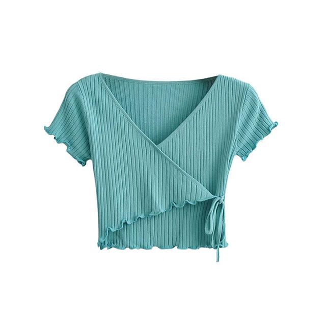 Bazer-Short-Sleeve Wrap Ribbed Knit Crop Top