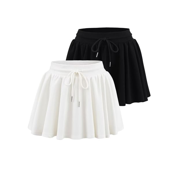 Ulark-Drawstring Waist Plain Mini A-Line Skirt
