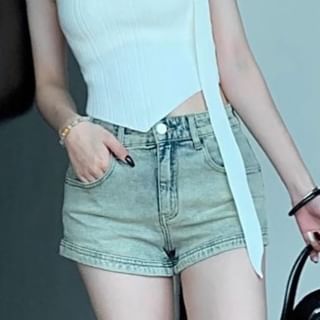 Leoom-Mid Waist Washed Zip Hot Pants