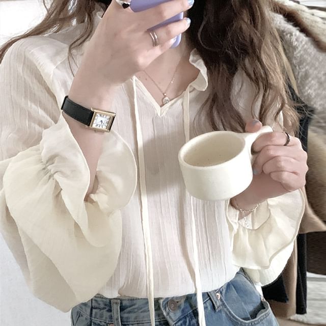 Essere-Long-Sleeve V-Neck Plain Chiffon Blouse