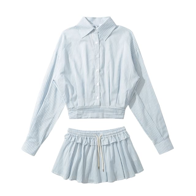 Ulark-Long-Sleeve Collared Buttoned Blouse Drawstring Waist Frill Trim Mini A-Line Skirt