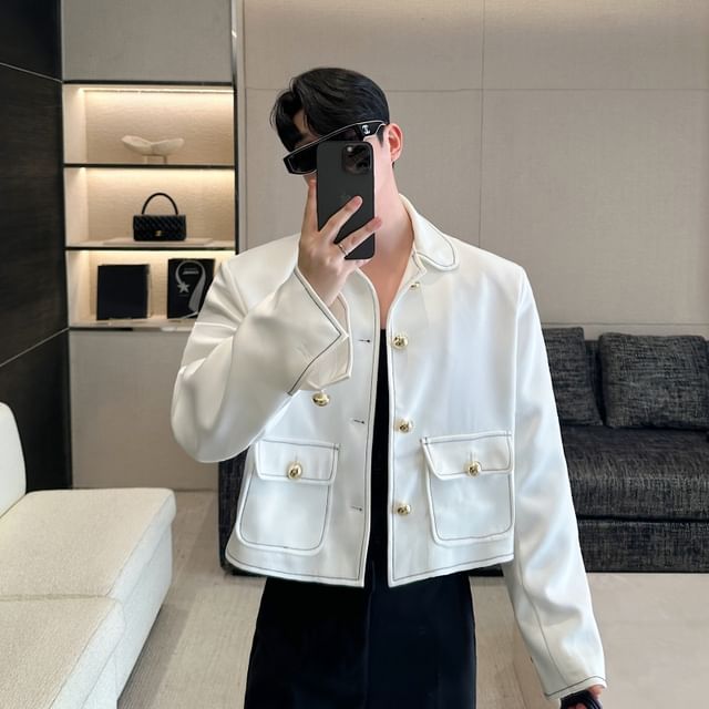 ravewider-Collar Contrast Stitching Button Jacket