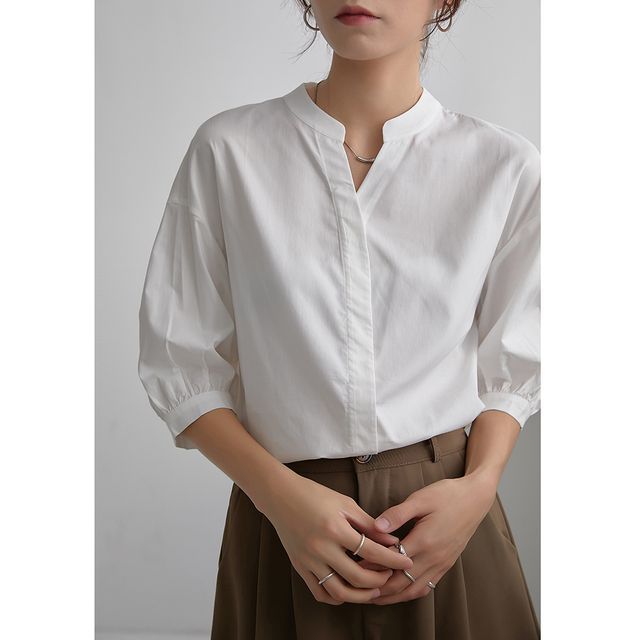 Librarian - Lantern-Sleeve Mandarin Collar Shirt | YesStyle