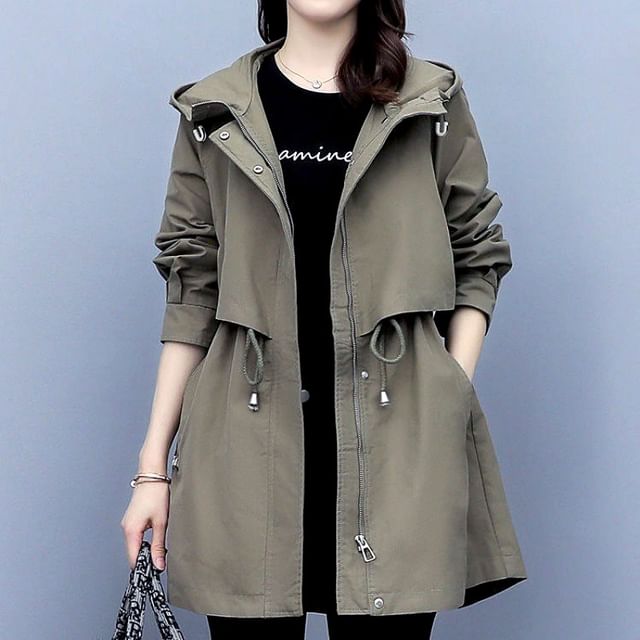 Acoustic Rain-Long-Sleeve Plain Drawstring Waist Zip Jacket