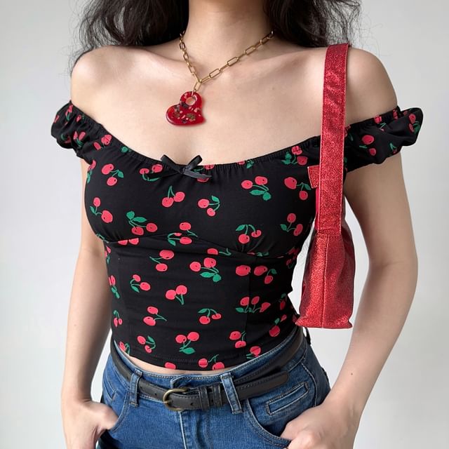 Sinora-Off Shoulder Cherry Print Top